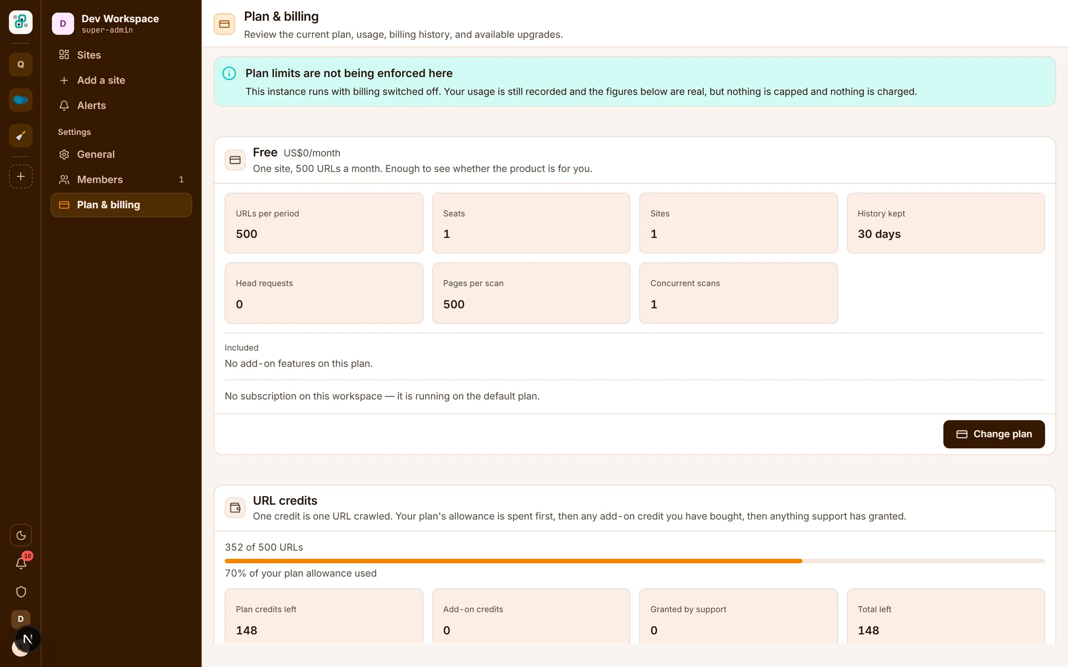 The plan and billing screen: the Free plan's limits, a URL credit meter reading 352 of 500 used at 70%, and the plan, add-on and granted credit balances with 148 left.