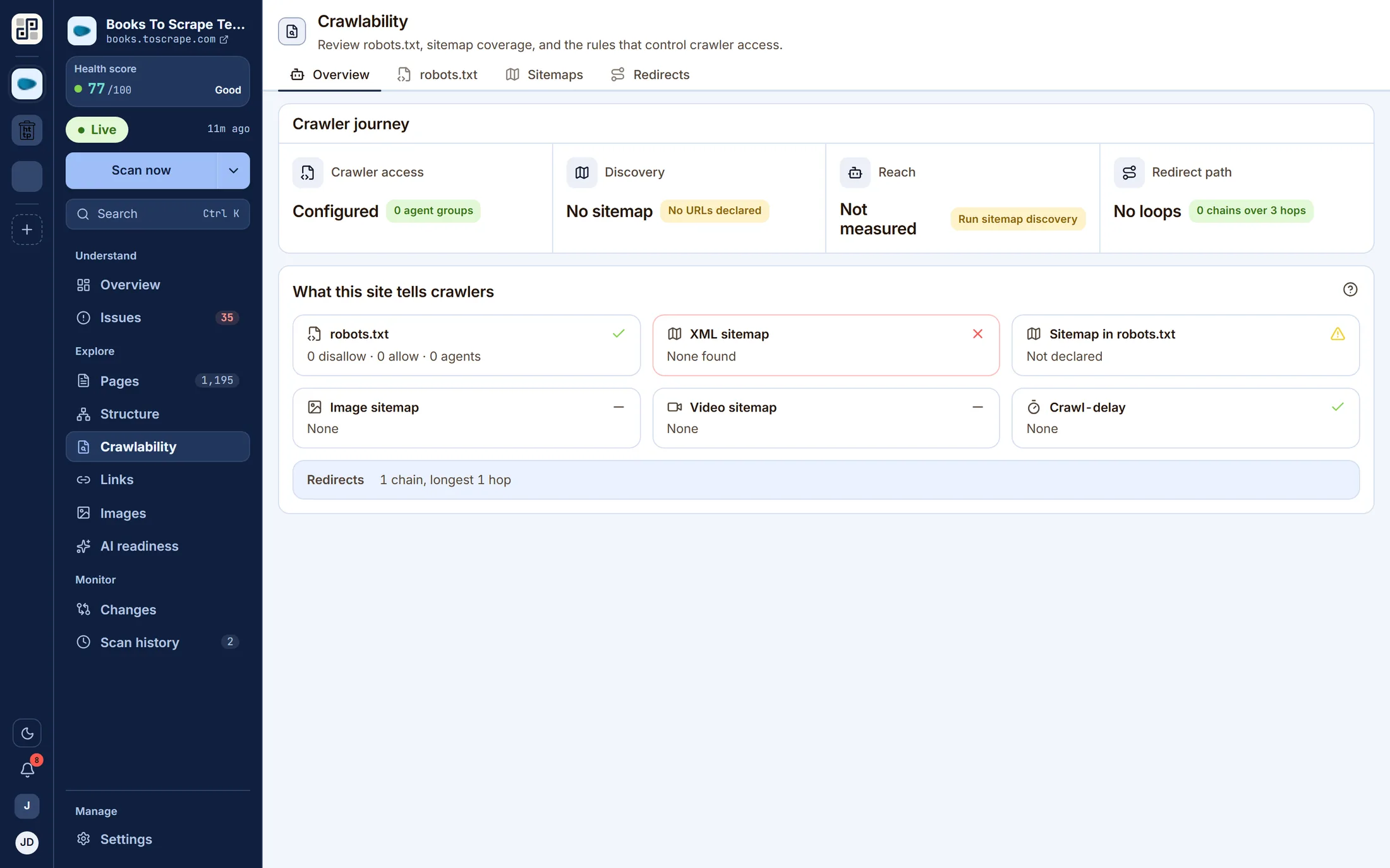 The crawlability screen: robots.txt rules read against sitemap coverage.