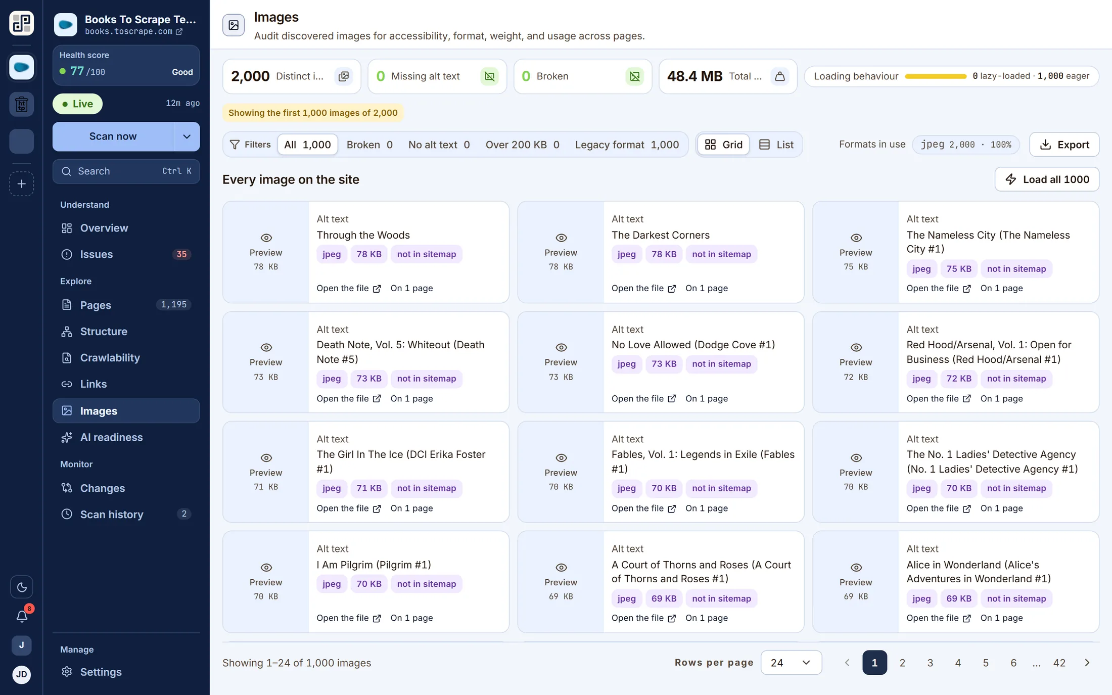 The images screen: discovered images audited for alt text, dimensions and format.