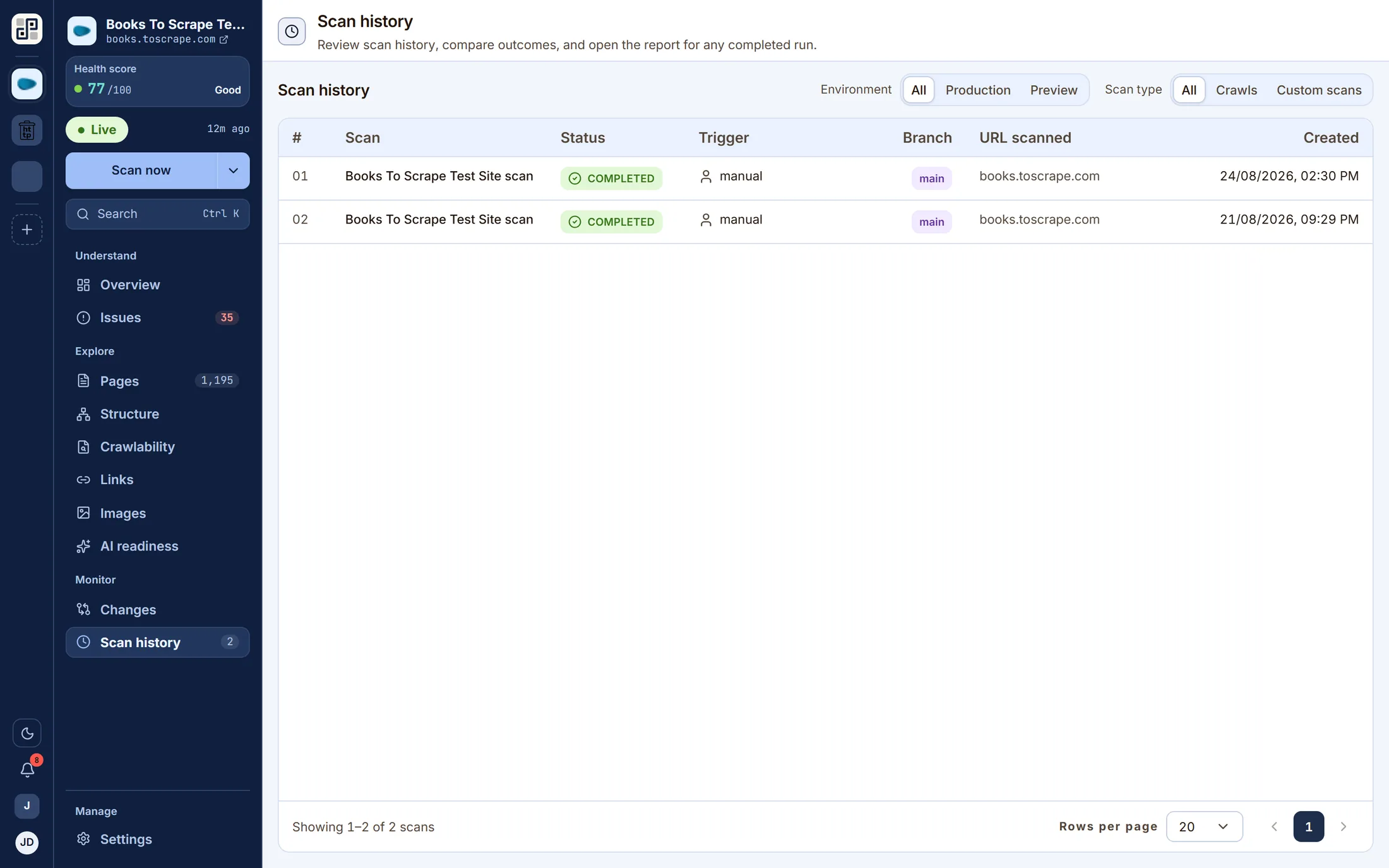 Scan history: every run with its score, branch, duration and outcome.